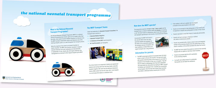Collage of leaflet about the National Neonatal Transport Programme. Clicking on this image will download the leaflet in PDF format.
